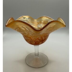 FENTON - Marigold Orange Compote Carnival Glass Crimped Ruffled Edge Footed Bowl